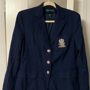 Lauren Ralph Lauren navy 100% wool blazer, silver bullion patch size 8